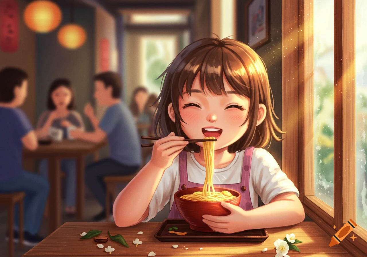 A cute anime girl with short brown hair happily eats a bowl of noodles with chopsticks in a sunny restaurant.