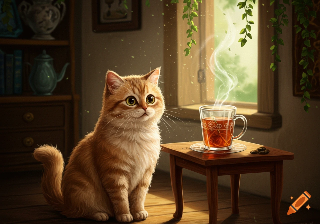 An adorable ginger cat sits next to a steaming cup of tea on a small wooden table in a cozy, sunlit room.