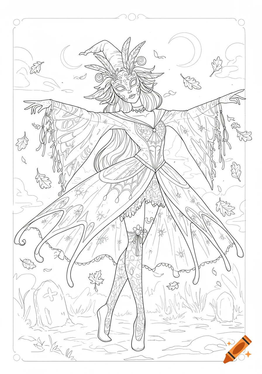 A black and white coloring page of a masked Halloween dancer in a witch hat and spiderweb dress, standing with outstretched arms among fallen leaves and gravestones.