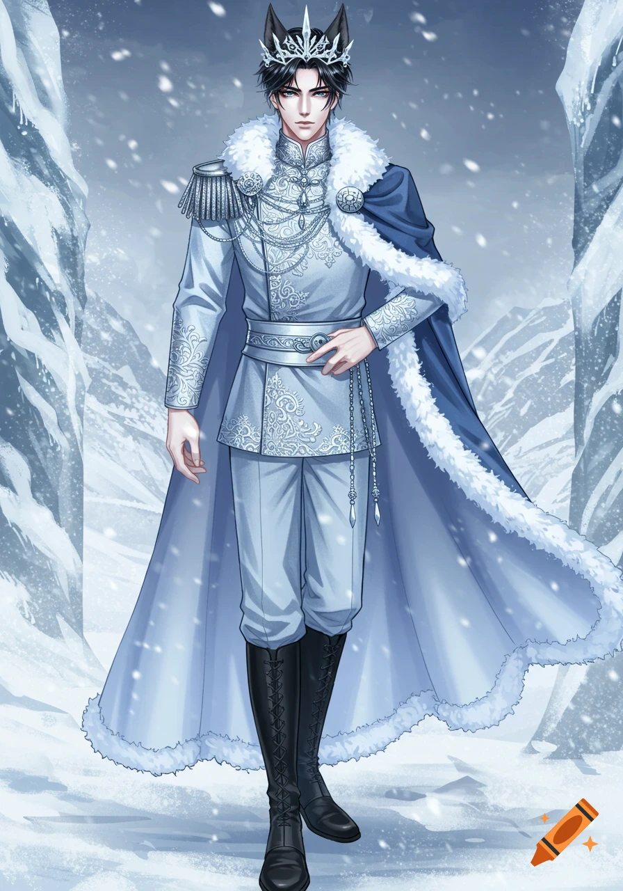 A handsome man in a regal icy blue and white fur-lined princely outfit and ice crown stands in a snowy mountain landscape, in manhwa art style.