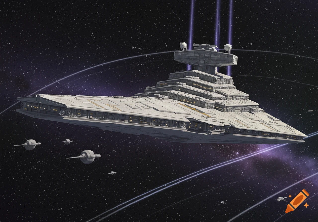 A detailed Art Deco style Star Destroyer spaceship flying through the dark, star-filled void of space.