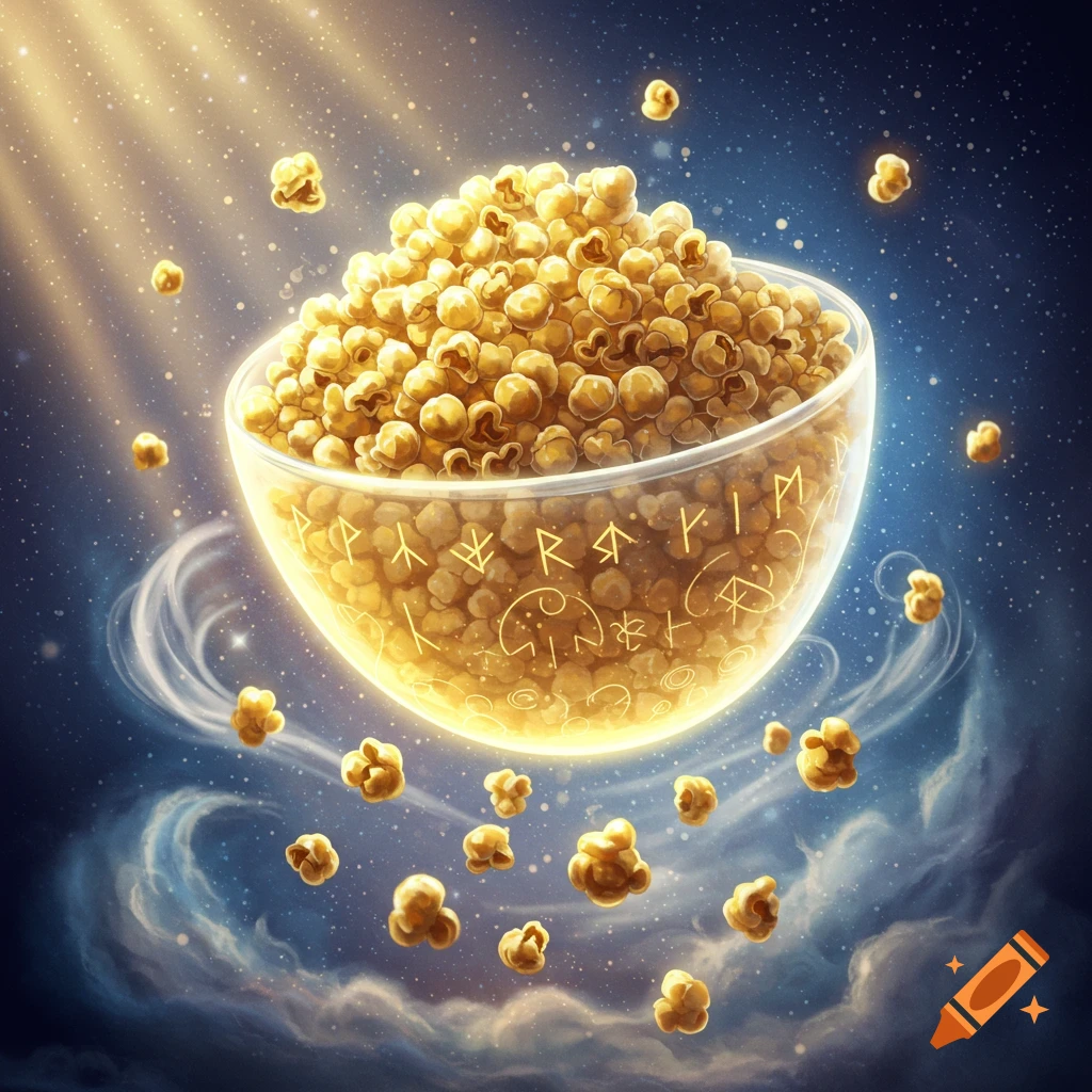A glowing bowl of golden popcorn floats in a mystical blue cosmic background with swirling clouds and stars, adorned with ancient symbols.