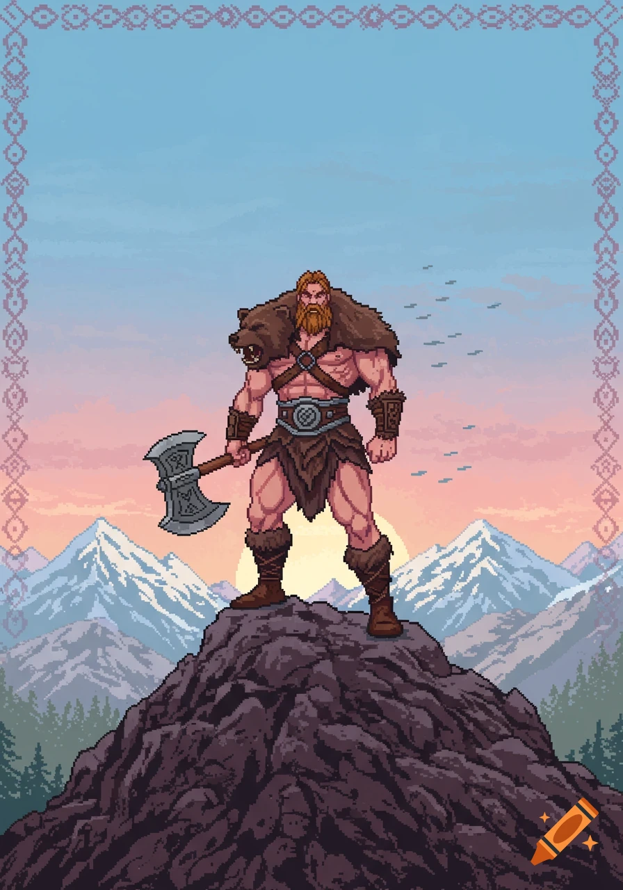 Pixel art of a muscular barbarian warrior in fur, holding an axe, standing on a mountain against a sunset sky.