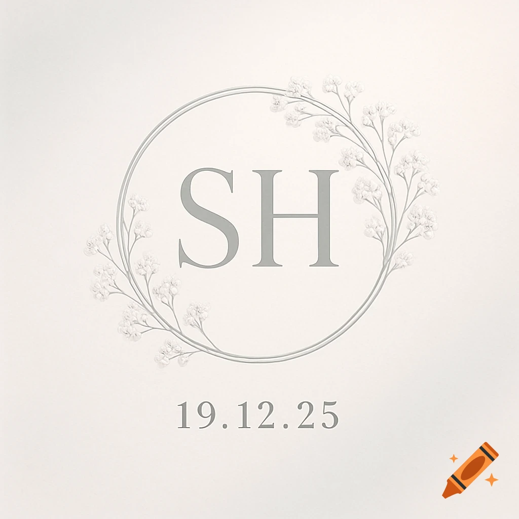 Minimalist logo with 'SH' and '19.12.25' surrounded by a floral wreath of white gypsophila.