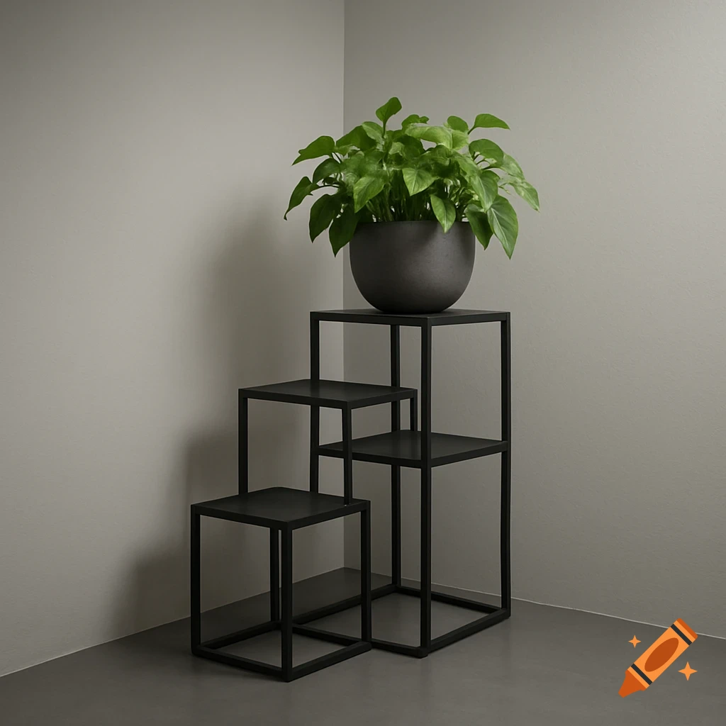 A vibrant green potted plant on a modern black multi-tiered metal stand in a minimalist grey room corner.