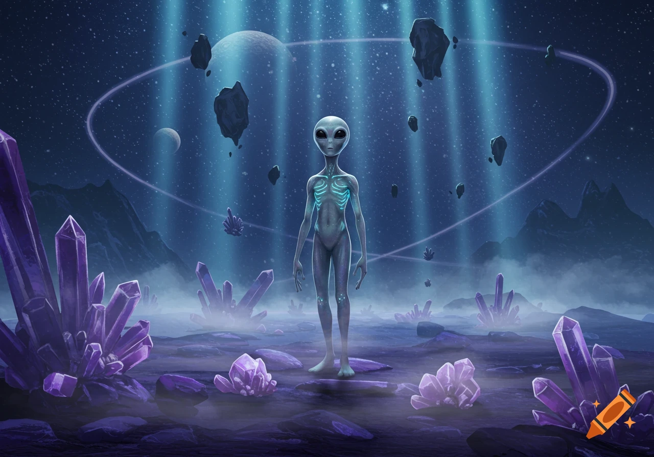 A grey alien with glowing blue ribs stands on a purple crystal planet under a starry cosmic sky with planets and asteroids.