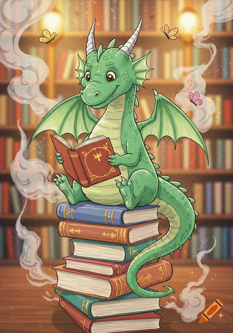 A cute green dragon with wings sits on a stack of colorful books, reading a red book in a library, in a watercolor style.