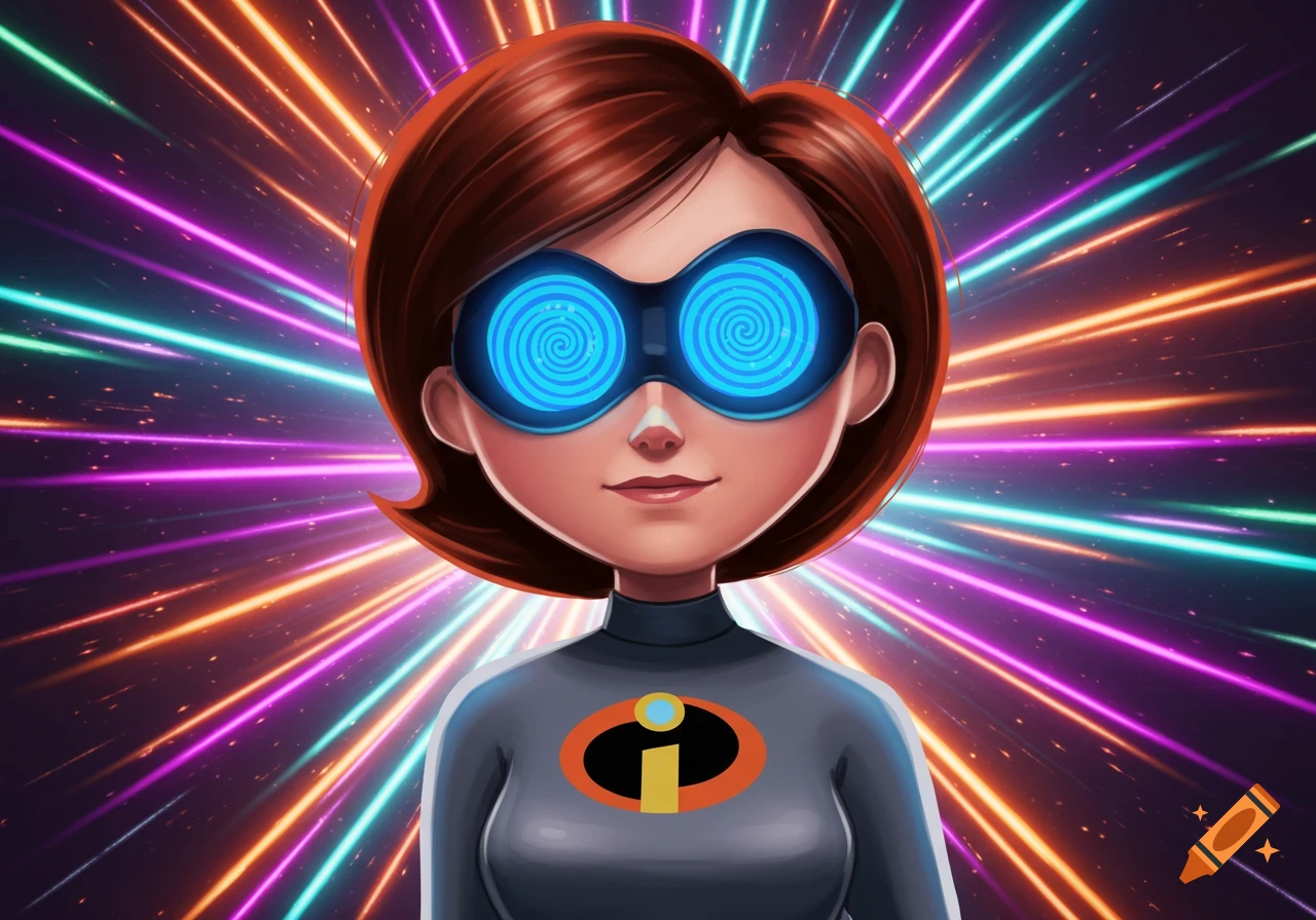 Cartoon Elastigirl wearing blue hypno goggles on a gray suit with an 'i' logo, against a background of colorful light rays.