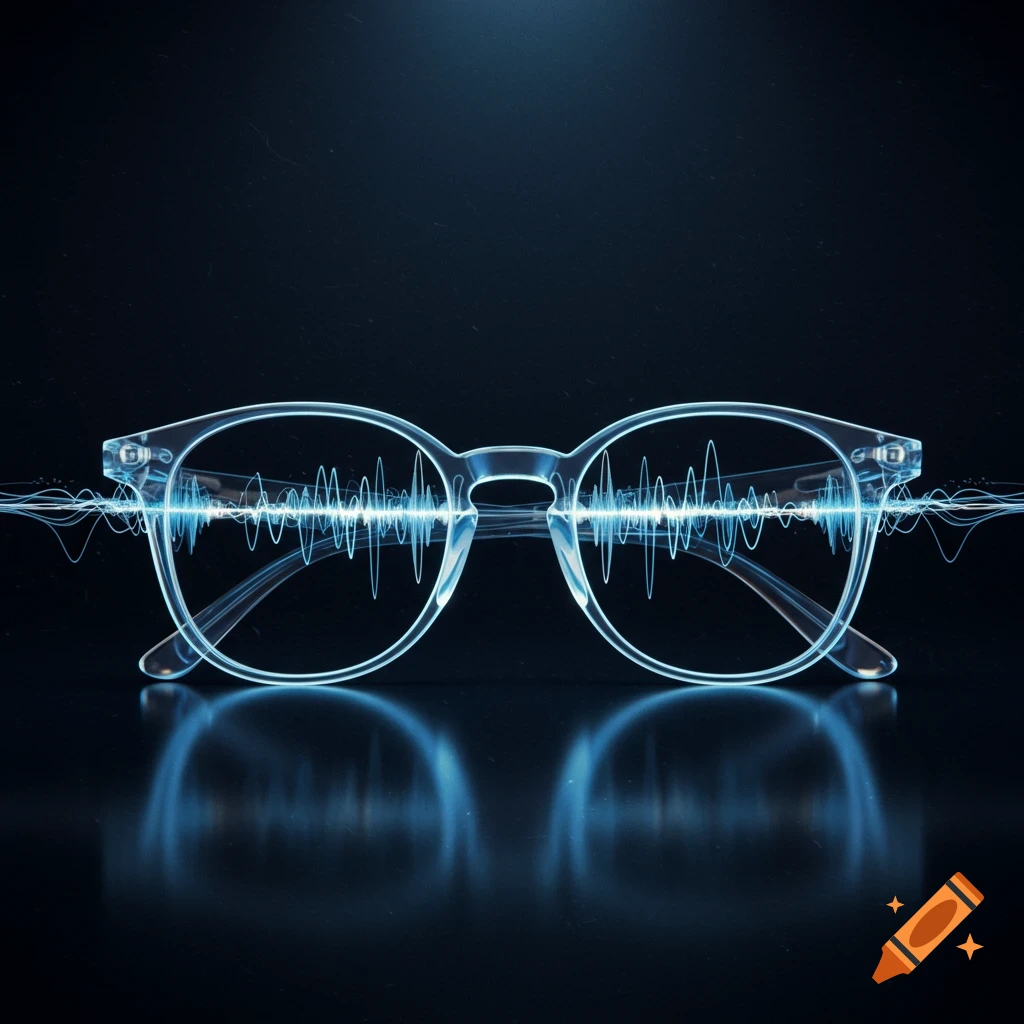 Transparent glasses with a glowing blue audio waveform through the lenses, reflecting on a dark surface.
