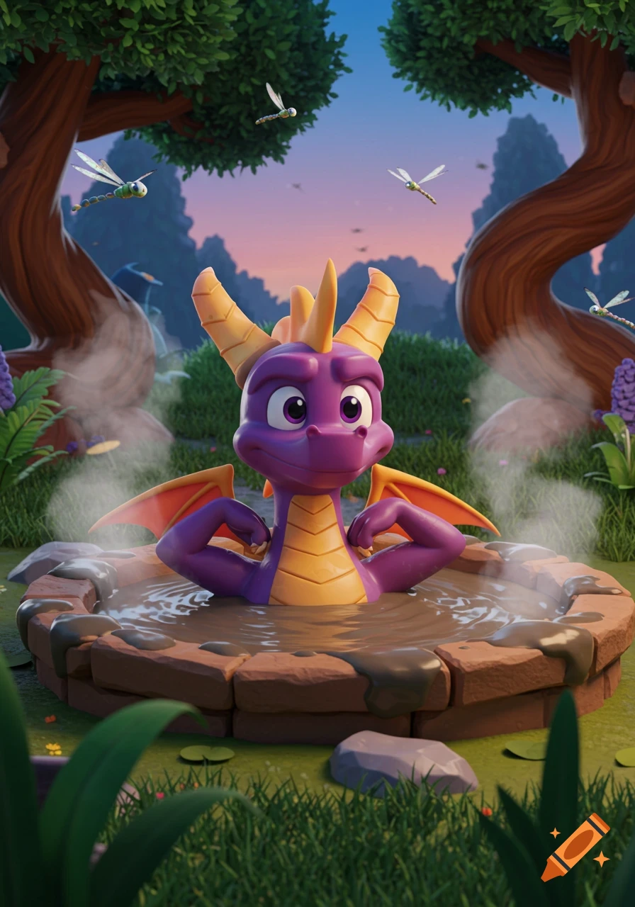A 3D animated purple dragon named Spyro relaxes chest-deep in a steaming mud hot tub, flexing his biceps in a lush forest with dragonflies.