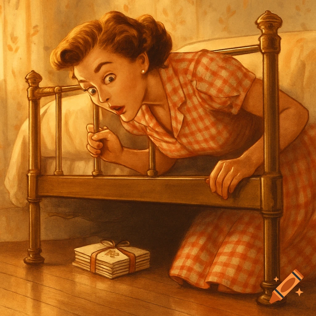 A vintage-style illustration of a 1950s housewife, kneeling and looking surprised as she peeks under a bed to find a stack of ribbon-tied letters.