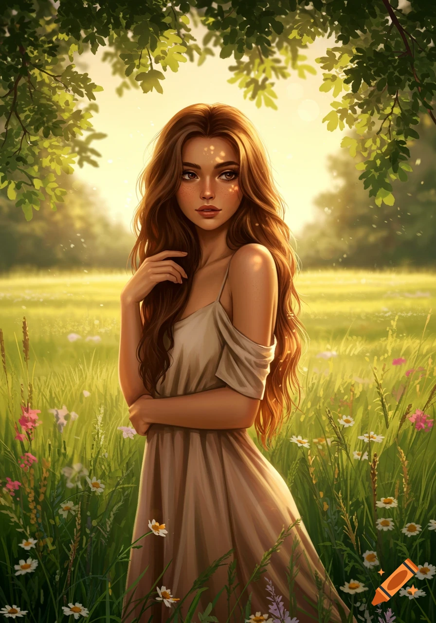 A beautiful woman with long brown hair in a dress stands in a sunlit field among wildflowers, an illustration.