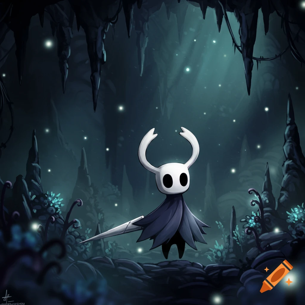 Hollow Knight character stands in a glowing, ethereal blue cave with stalactites and glowing plants. Stylized illustration.