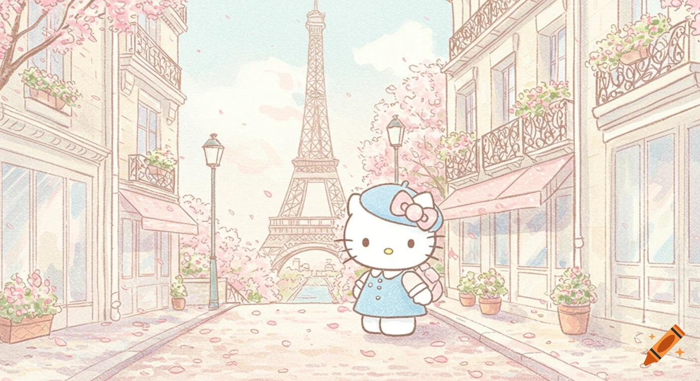 Hello Kitty wearing a beret stands on a pastel Paris street with the Eiffel Tower in the background, in a kawaii illustration style.