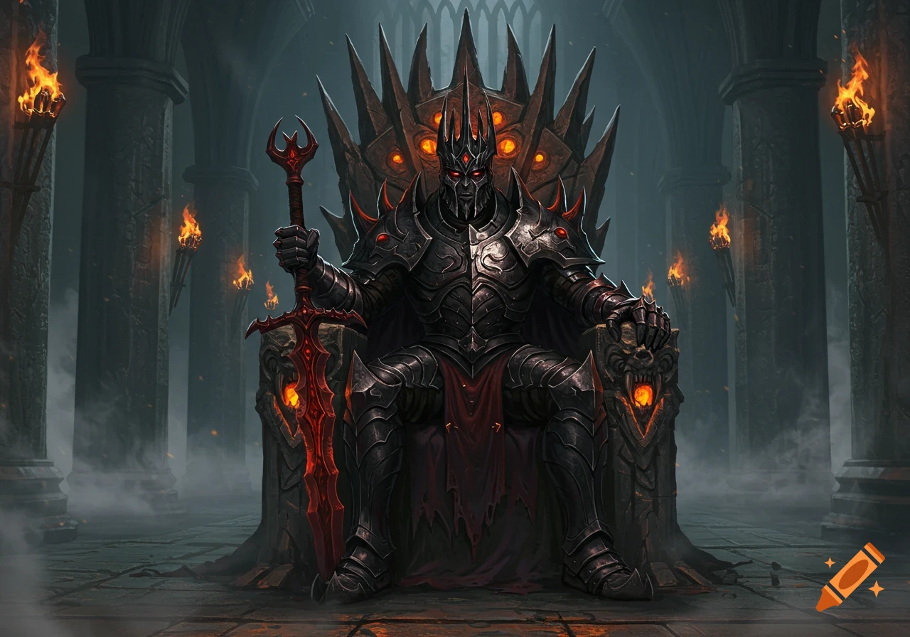 A dark fantasy king in menacing black and red armor sits on a spiky throne, holding a glowing red sword in a dimly lit, ancient hall.