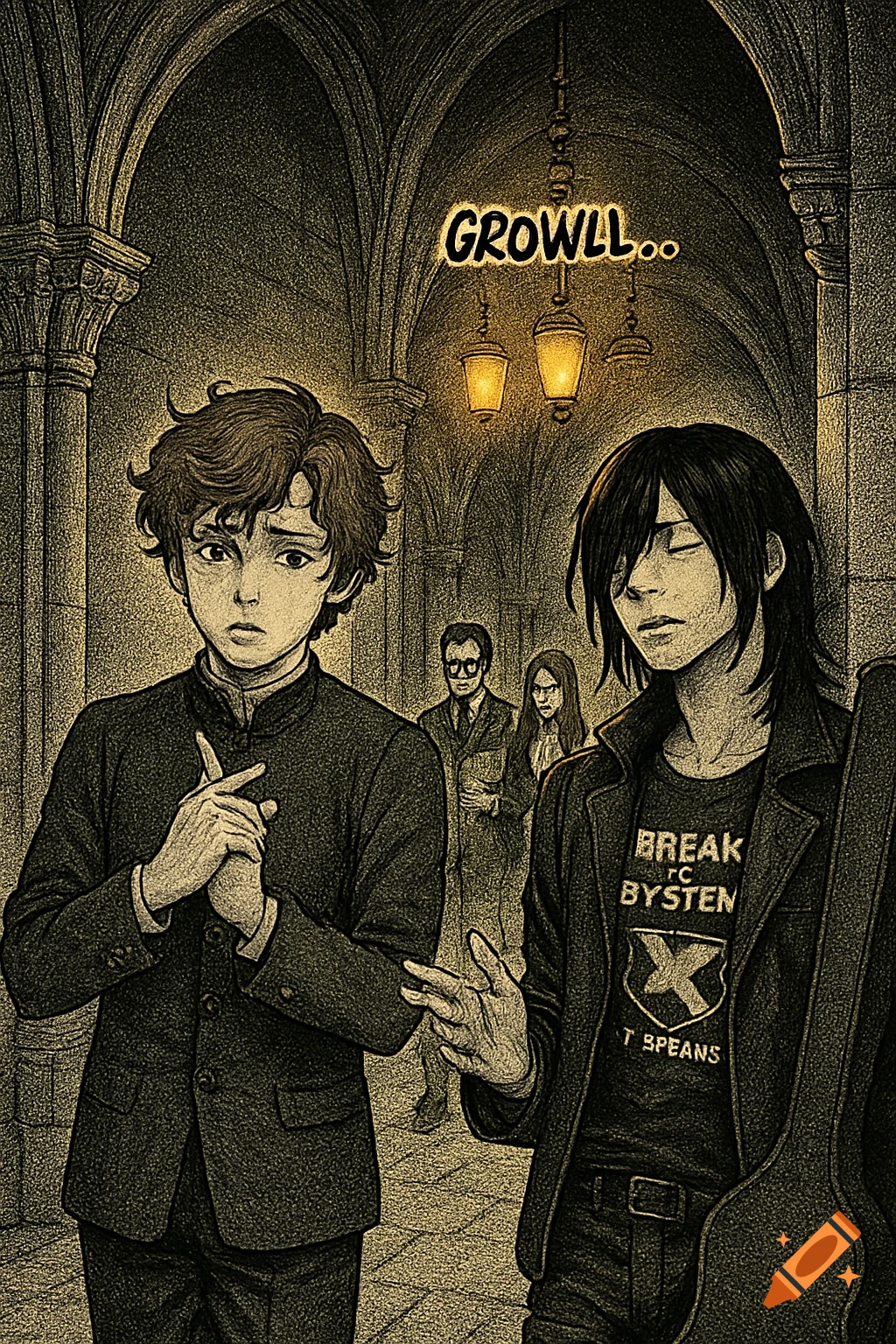 Two young men, one nervous, one serene, stand in a vaulted Gothic corridor under glowing lanterns. Manga style illustration with a growl speech bubble.