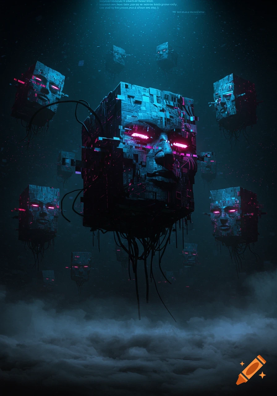 Digital art of floating, blocky, glitching faces with glowing pink eyes and wires in a dark, foggy cybernetic void.