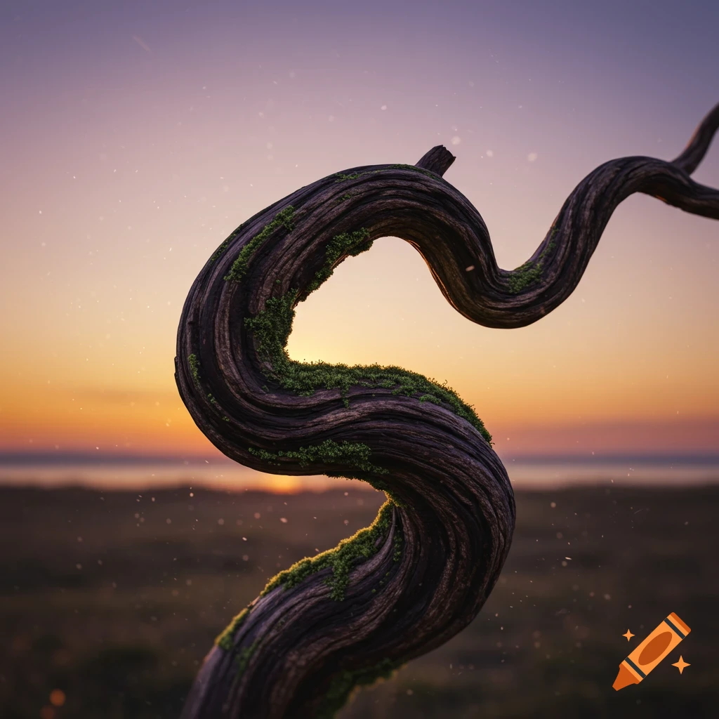 A close-up of a gnarled, moss-covered tree branch twisting against a colorful sunset sky and blurred landscape.
