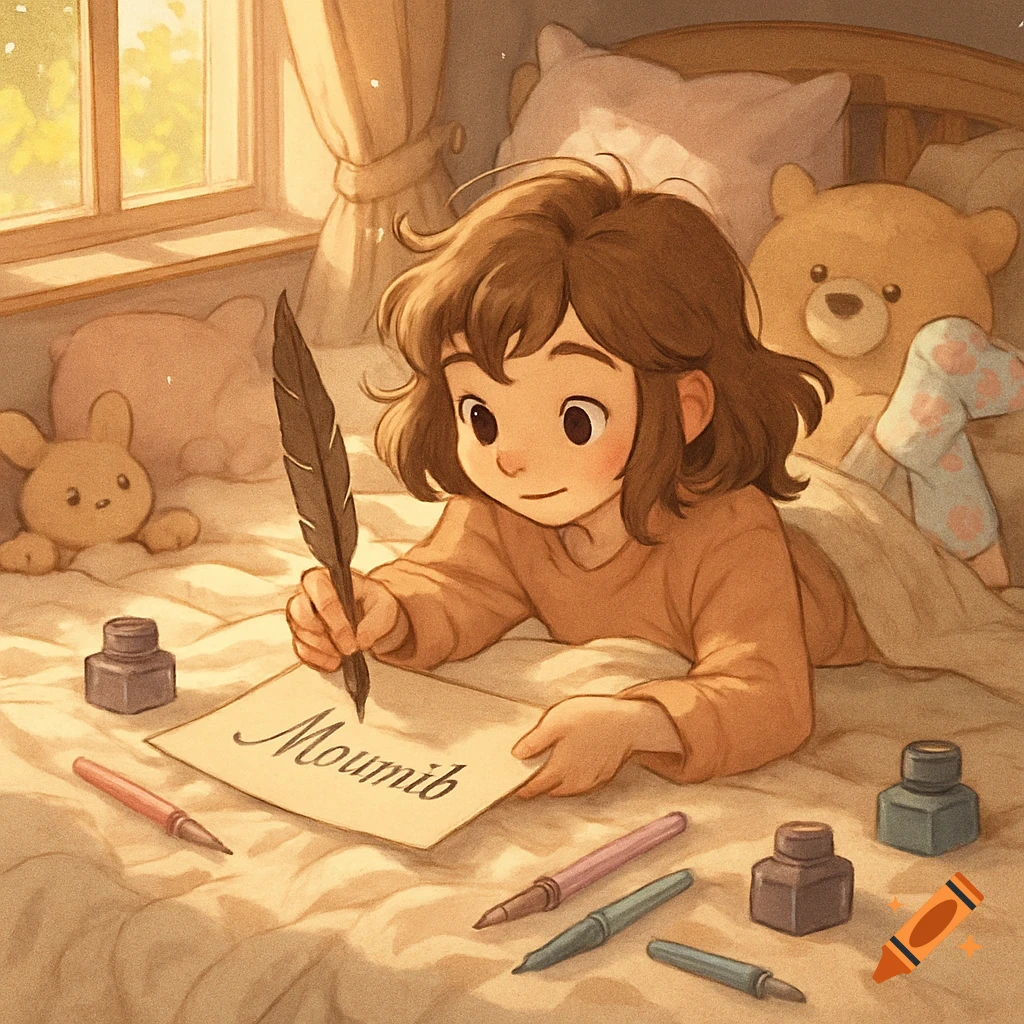 A cute anime-style illustration of a young girl lying in bed, writing on paper with a feather pen, surrounded by stuffed animals and ink pots.