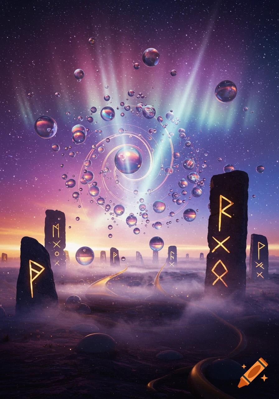 A vibrant fantasy landscape with glowing runic monoliths amidst a purple mist, under a starry sky with a swirling aurora and many floating, reflective orbs.