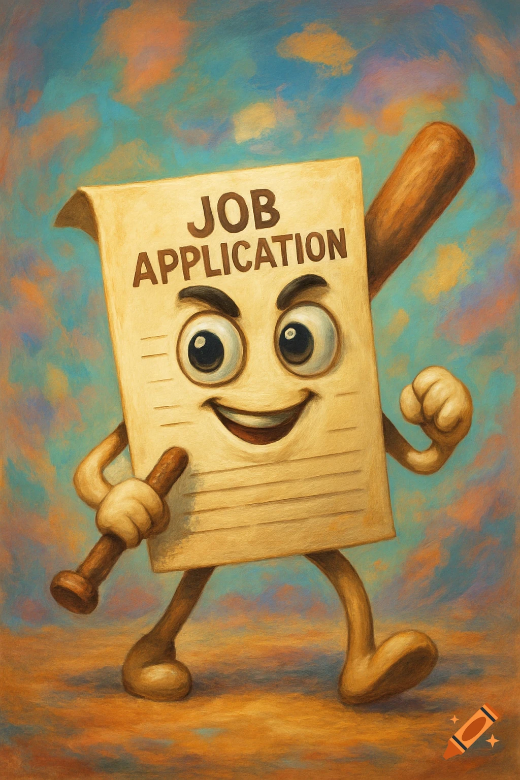 A smiling, cartoon job application with eyes, arms, and legs holds a wooden baseball bat. Textured blue and orange background.