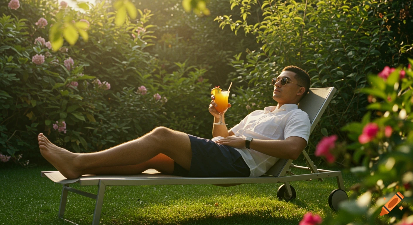 A man in sunglasses relaxes on a lounge chair in a sunny garden, holding an orange drink.
