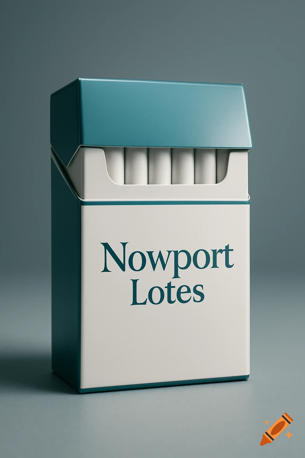 A photorealistic image of an open teal and white cigarette carton displaying the brand 'Nowport Lotes' with cigarettes visible.