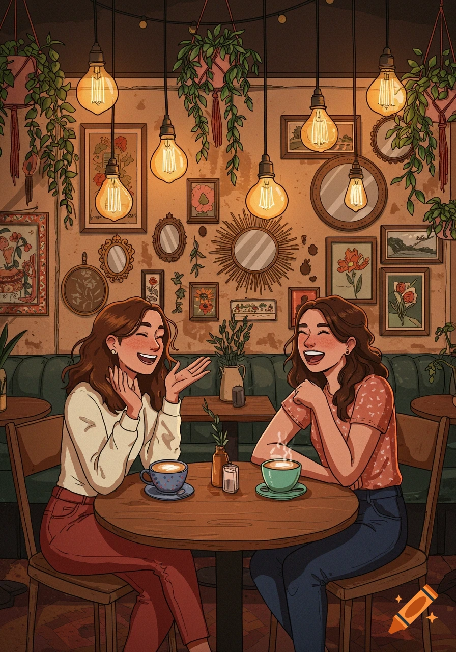 Two women laughing and talking at a cozy cafe table, surrounded by hanging plants and glowing Edison bulbs in an illustration style.