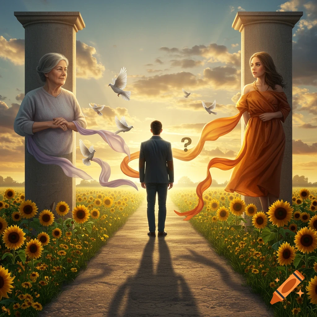 A man stands on a path in a sunflower field between an older woman and a younger woman, with flowing scarves and a question mark overhead, bathed in sunset.