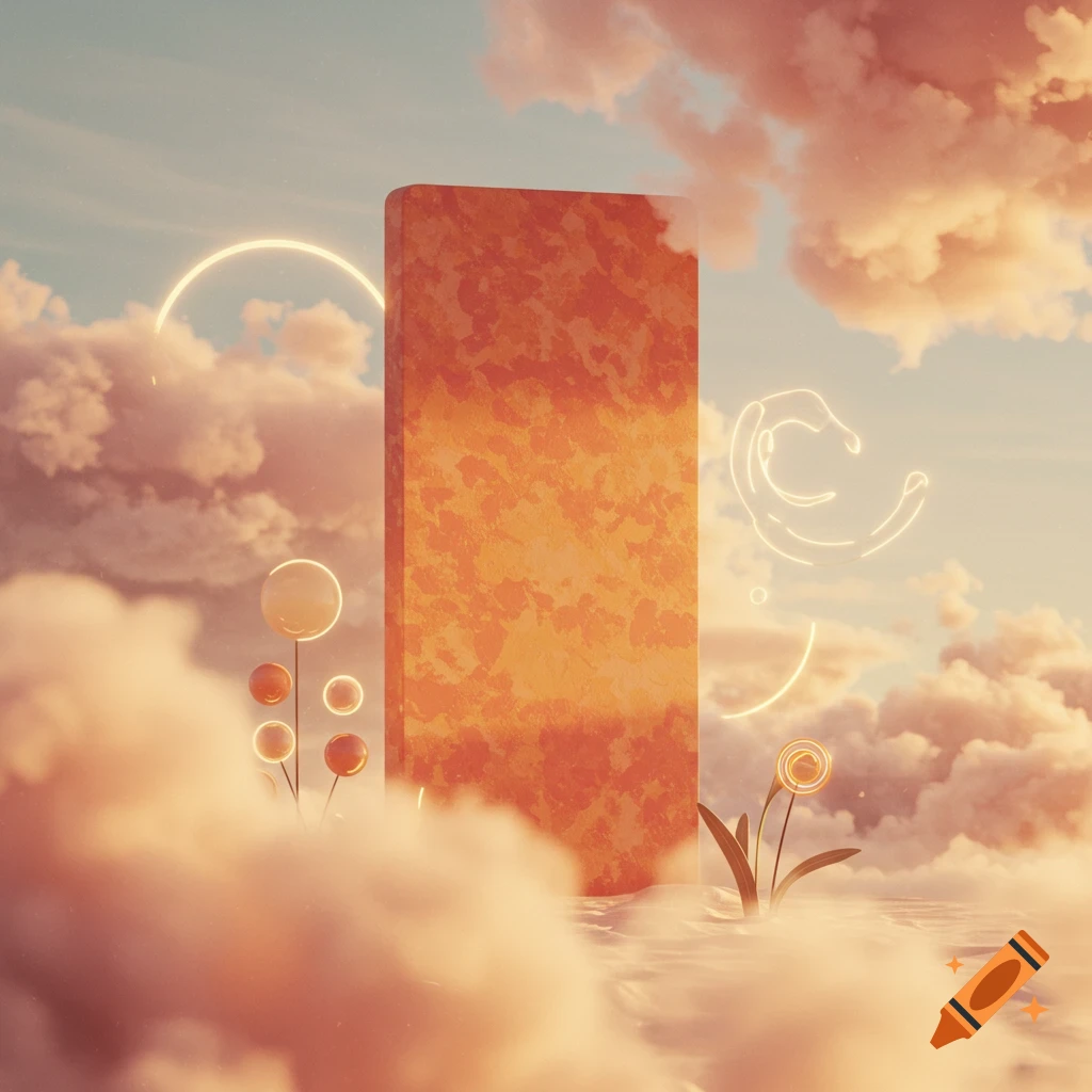 A surreal dreamscape features a tall, textured orange block amidst soft pink and orange clouds. Glowing spherical plants and abstract light patterns add to the ethereal scene.