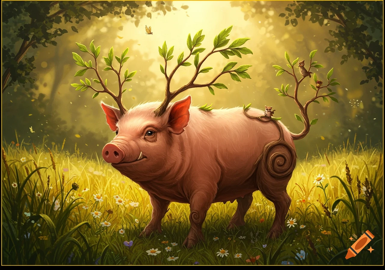 A whimsical pig-like creature with branches and leaves for antlers and tail, standing in a sunny meadow with wildflowers.