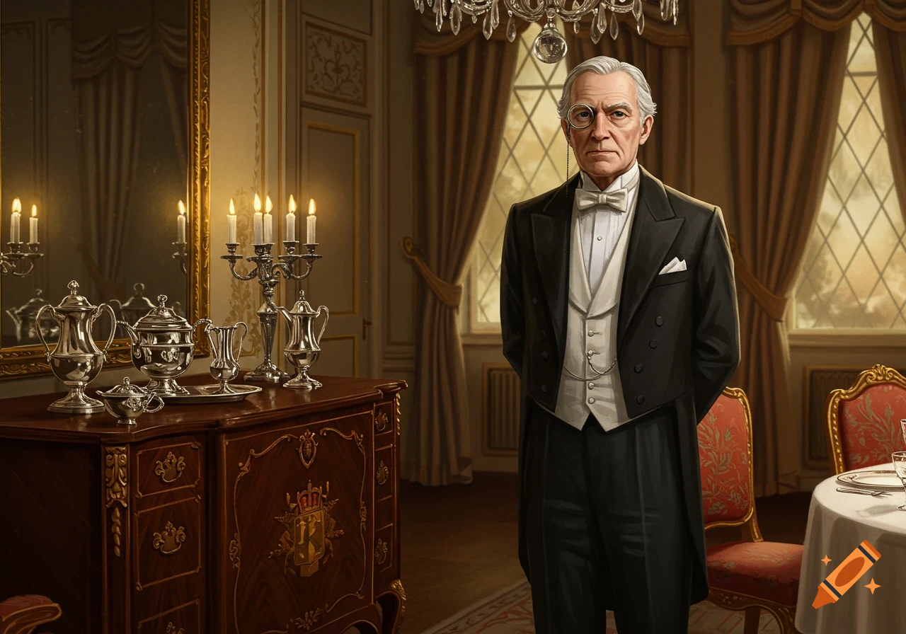 A distinguished old man butler with a monocle stands in a lavish room with antique furniture, silver decor, and lit candles.