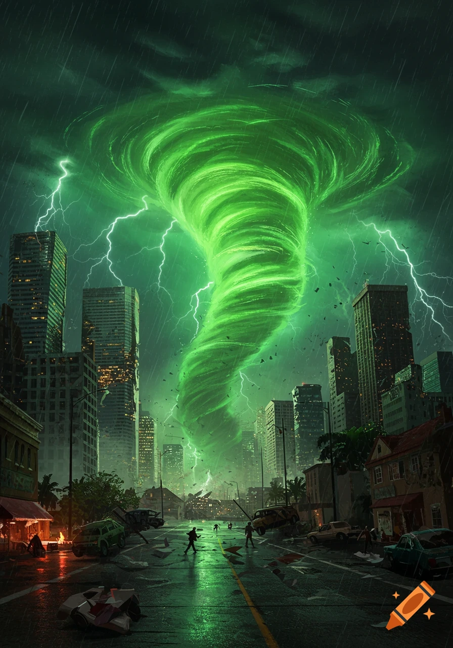 A vibrant green tornado rips through a devastated city at night, with lightning, rain, debris, and people fleeing through the streets.