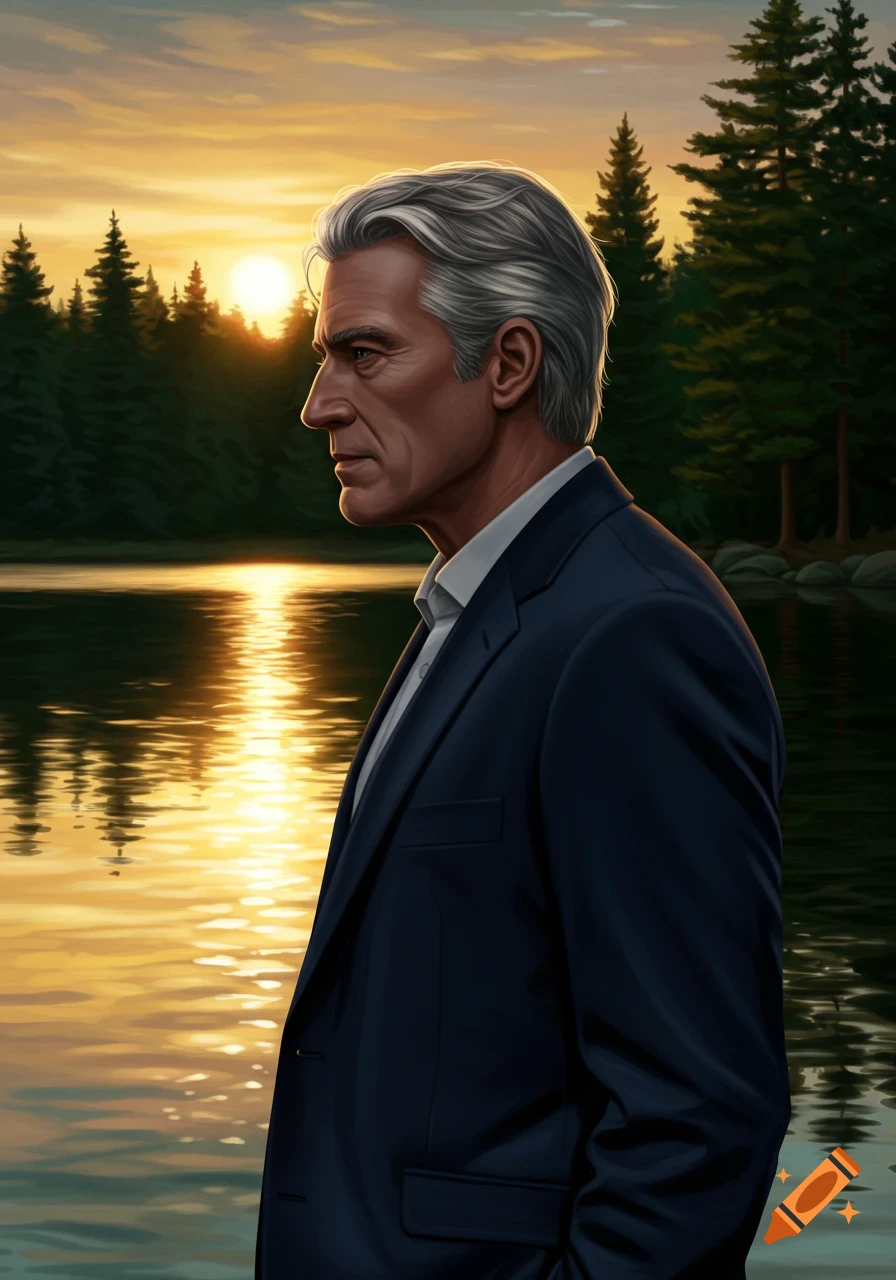 Profile portrait of a man with gray hair in a suit, standing by a lake with pine trees at sunset, digital painting.