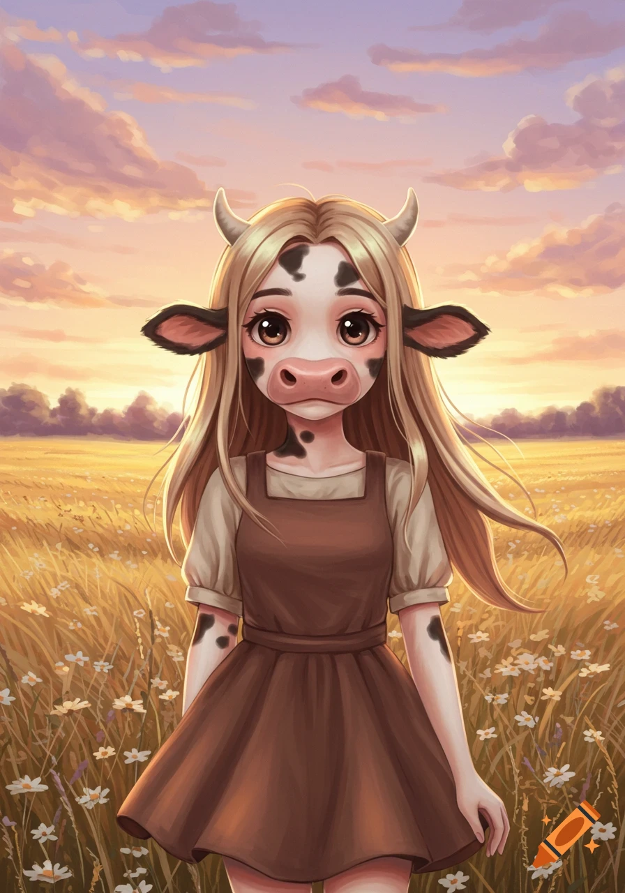 A stylized anime girl with a cow nose, ears, and horns, wearing a brown dress in a field of wildflowers at sunset.