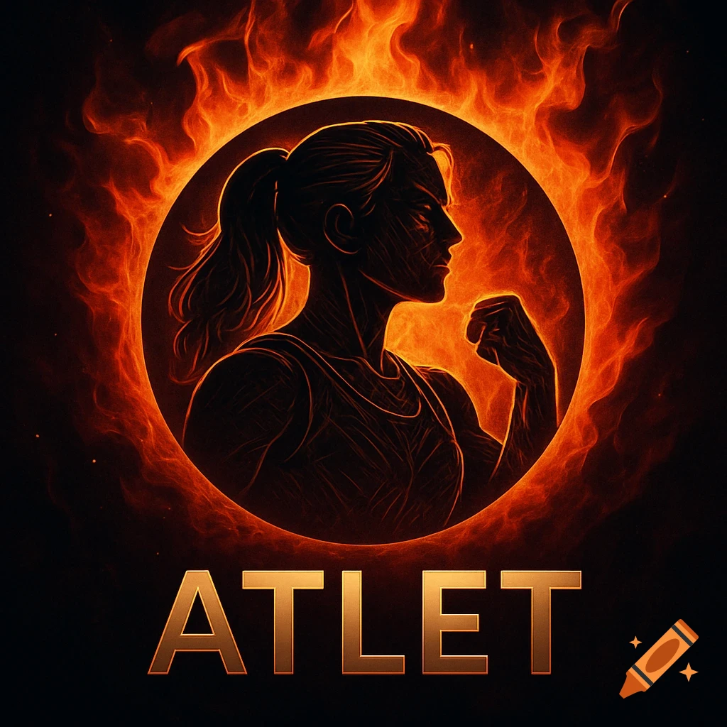 Silhouette of a muscular person with a ponytail flexing within a fiery orange circle, with 'ATLET' below.