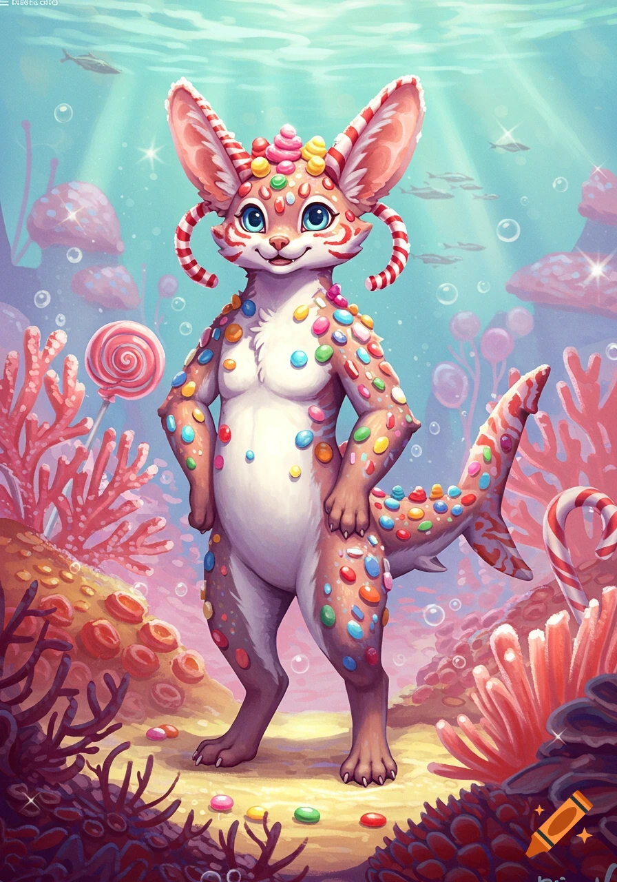 A cartoon candy-covered anthropomorphic creature with a shark tail stands in a colorful underwater scene.