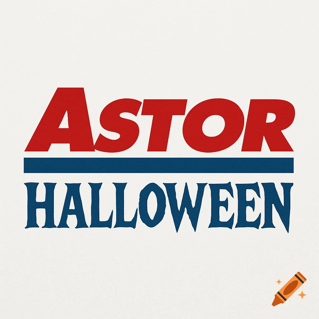 Logo with red 'ASTOR' above a blue line and blue 'HALLOWEEN' on a white background, in the style of the Costco logo.