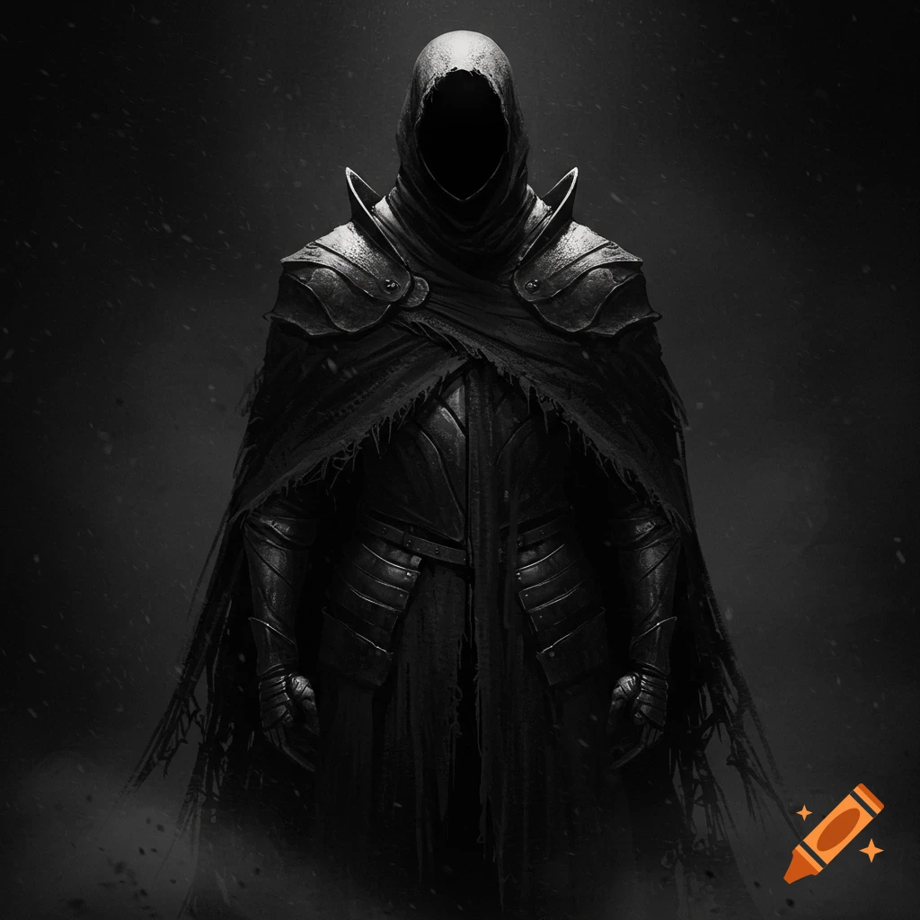A dark, ominous hooded figure in ragged armor and cloak stands in a misty, dark environment.