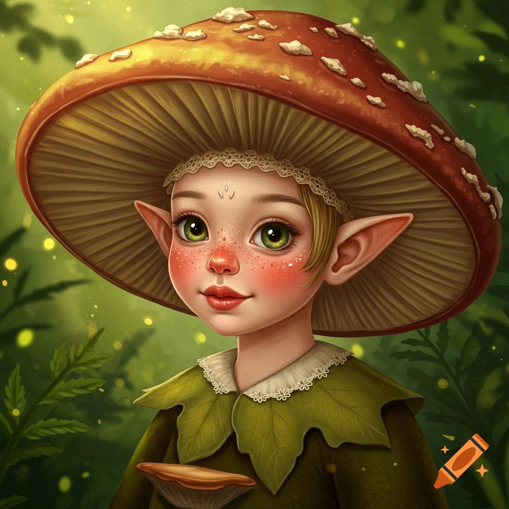 Close-up art of a young mushroom fairy with green eyes, rosy cheeks, freckles, pointy elf ears, and a large mushroom hat, in a whimsical forest.
