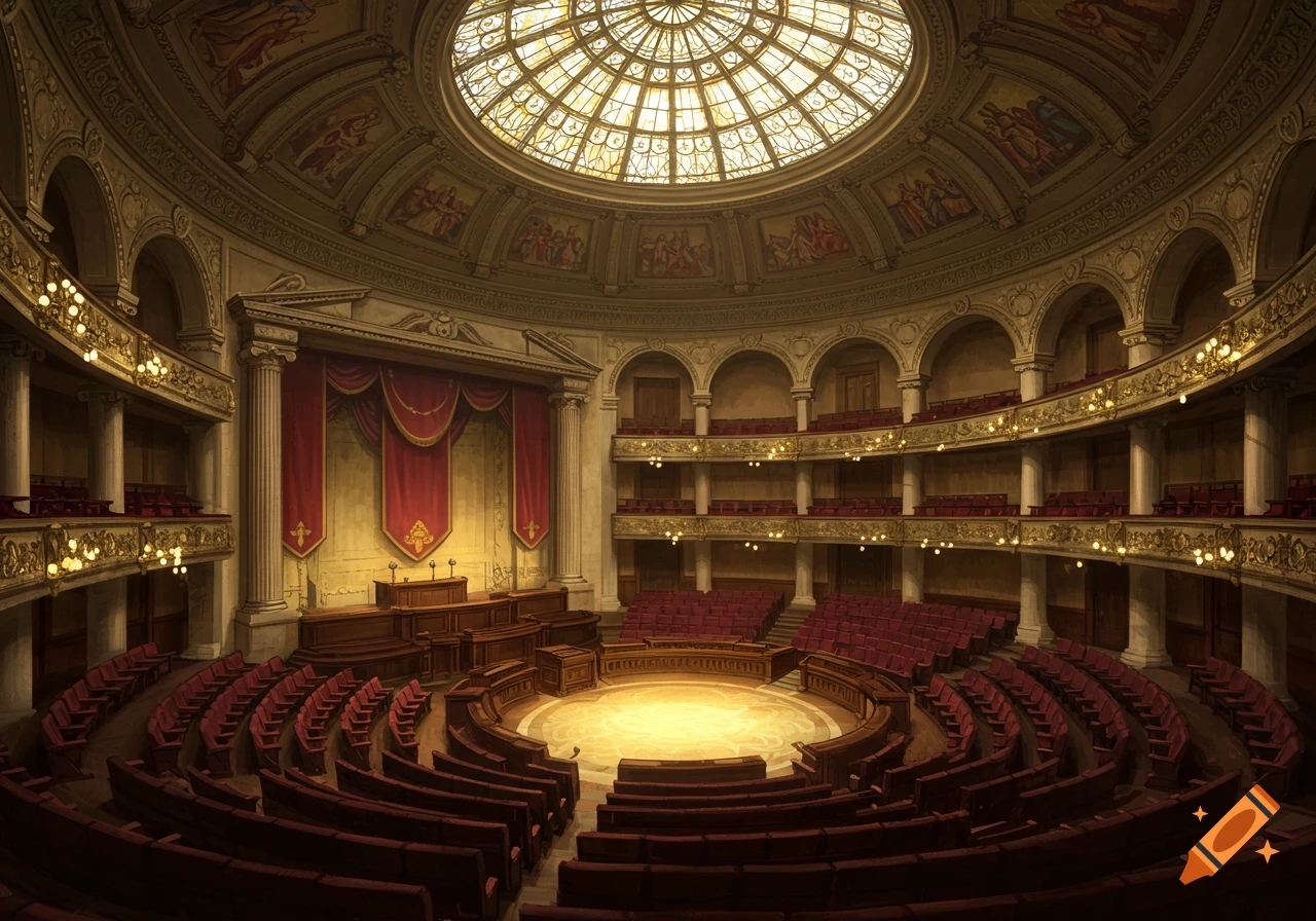 Ornate classical theater with a large stained-glass dome, red seats, and multi-tiered balconies.