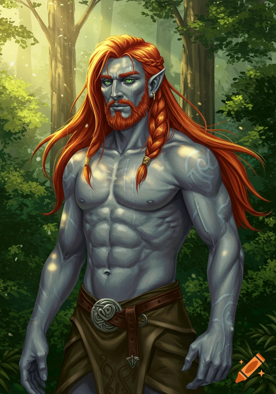 A muscular male Firbolg with long red hair and beard, gray-blue skin, and emerald green eyes stands in a sunlit forest.
