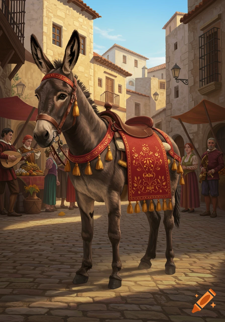 A brown donkey wearing an ornate red and gold saddle stands in a busy medieval village square.