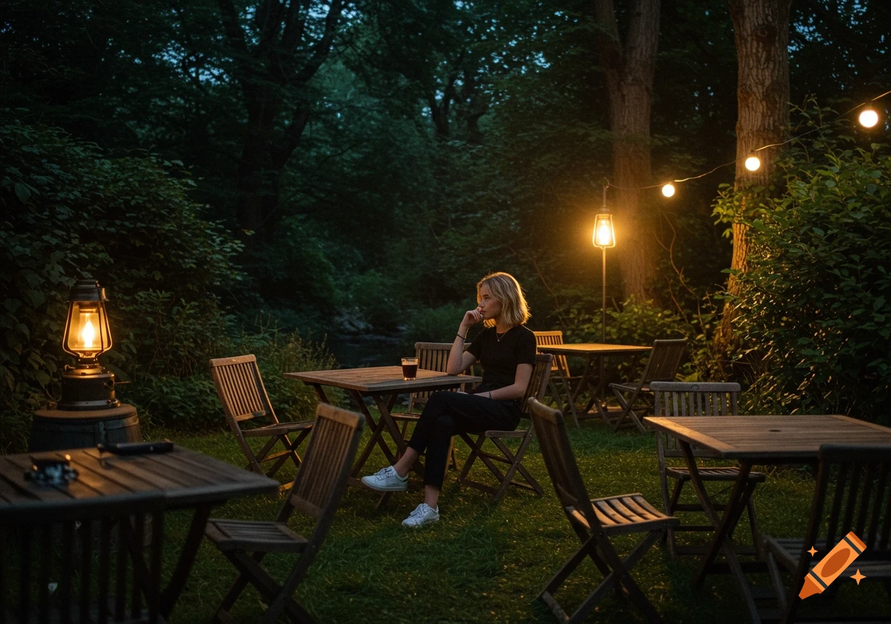 A woman sits alone at a wooden table in a softly lit, tranquil outdoor pub backyard at night, surrounded by trees and string lights.