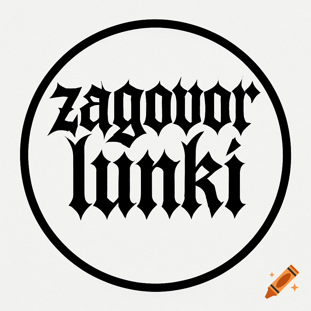 A black and white circular logo with the words 'zagovor lunki' in a jagged gothic font.