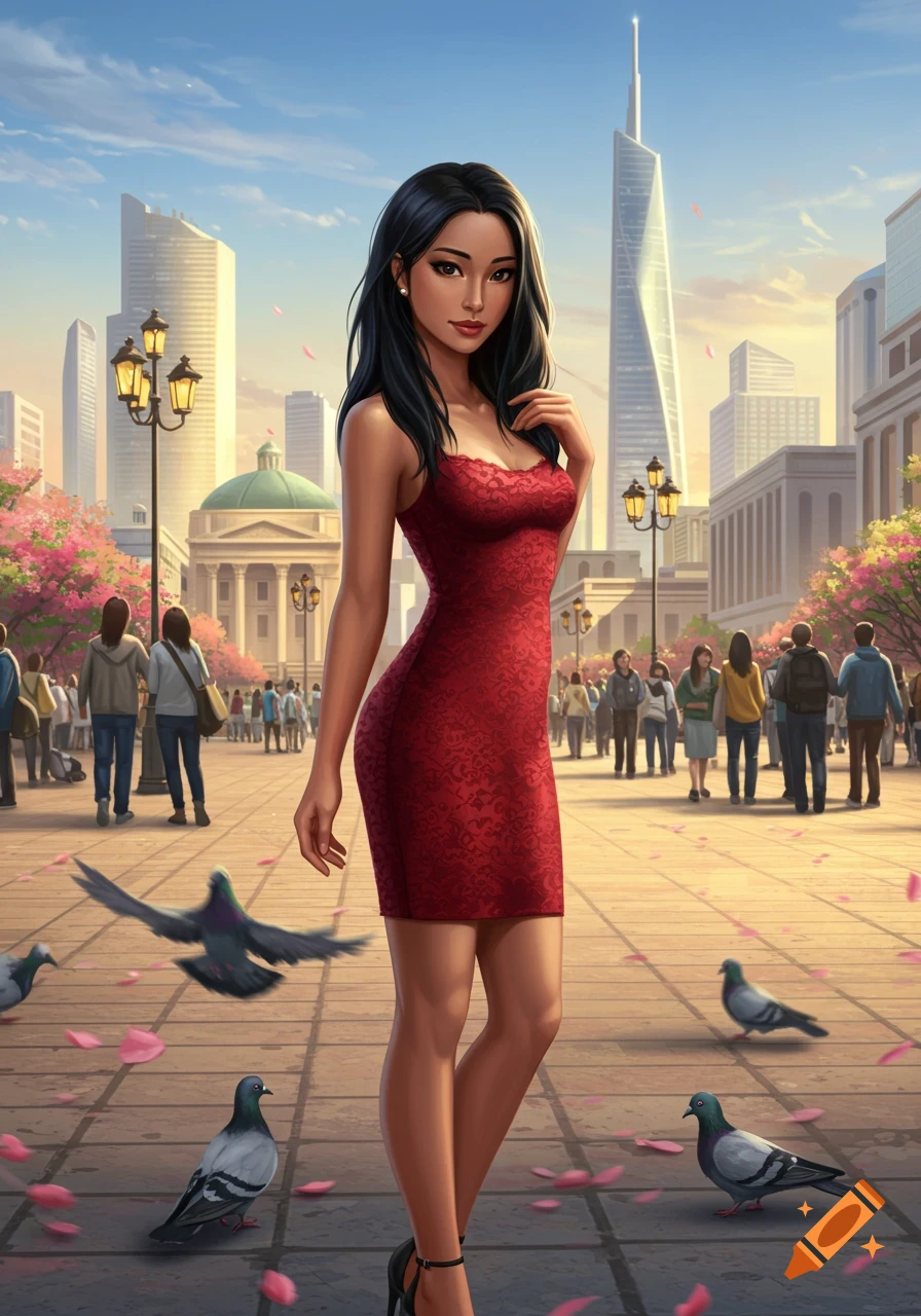 Digital art of a young woman in a red dress in a city square with tall buildings, blooming trees, and pigeons.