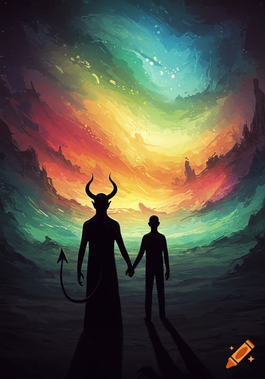 A dark expressionist painting of a horned devil silhouette and a human silhouette holding hands, walking towards a vibrant, colorful, surreal background.