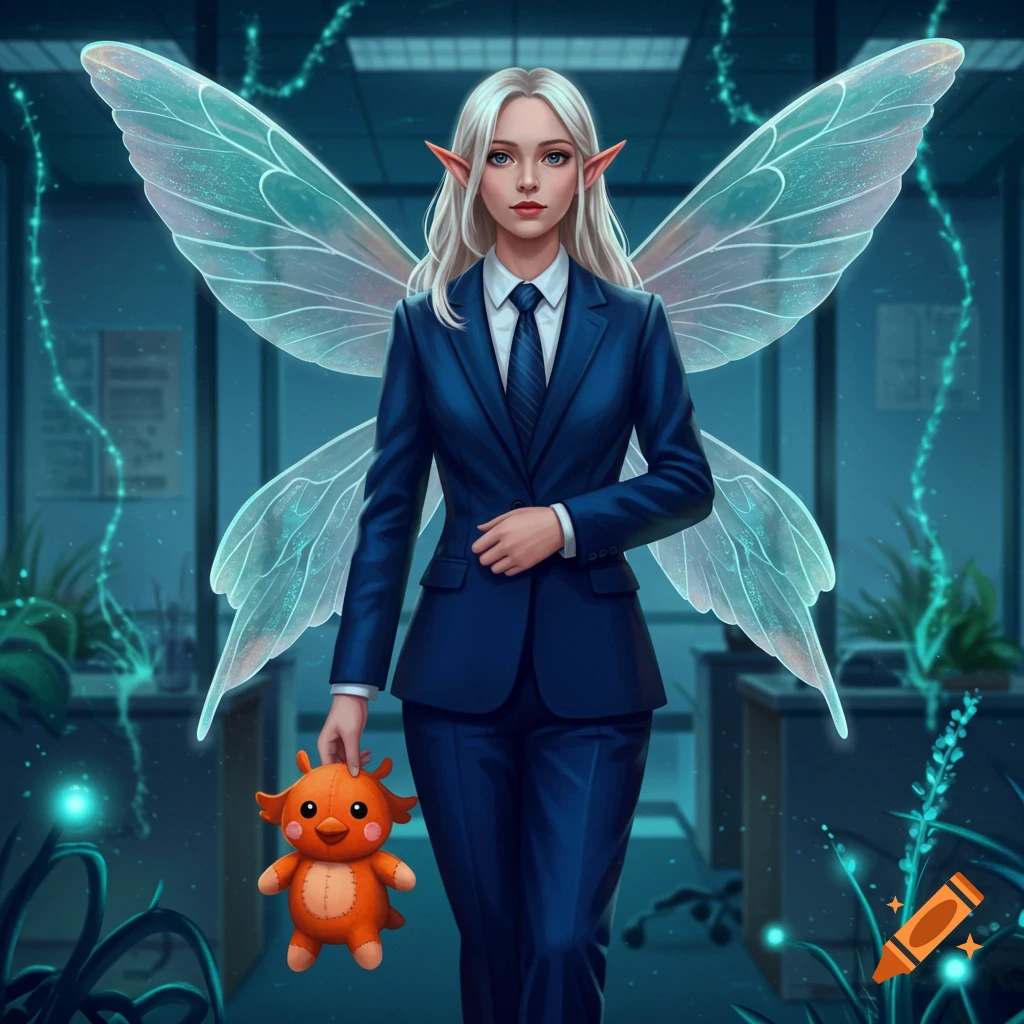An adult fairy woman with blonde hair and elf ears wears a dark blue business suit, holding an orange monster plushie, in a blue-lit office.