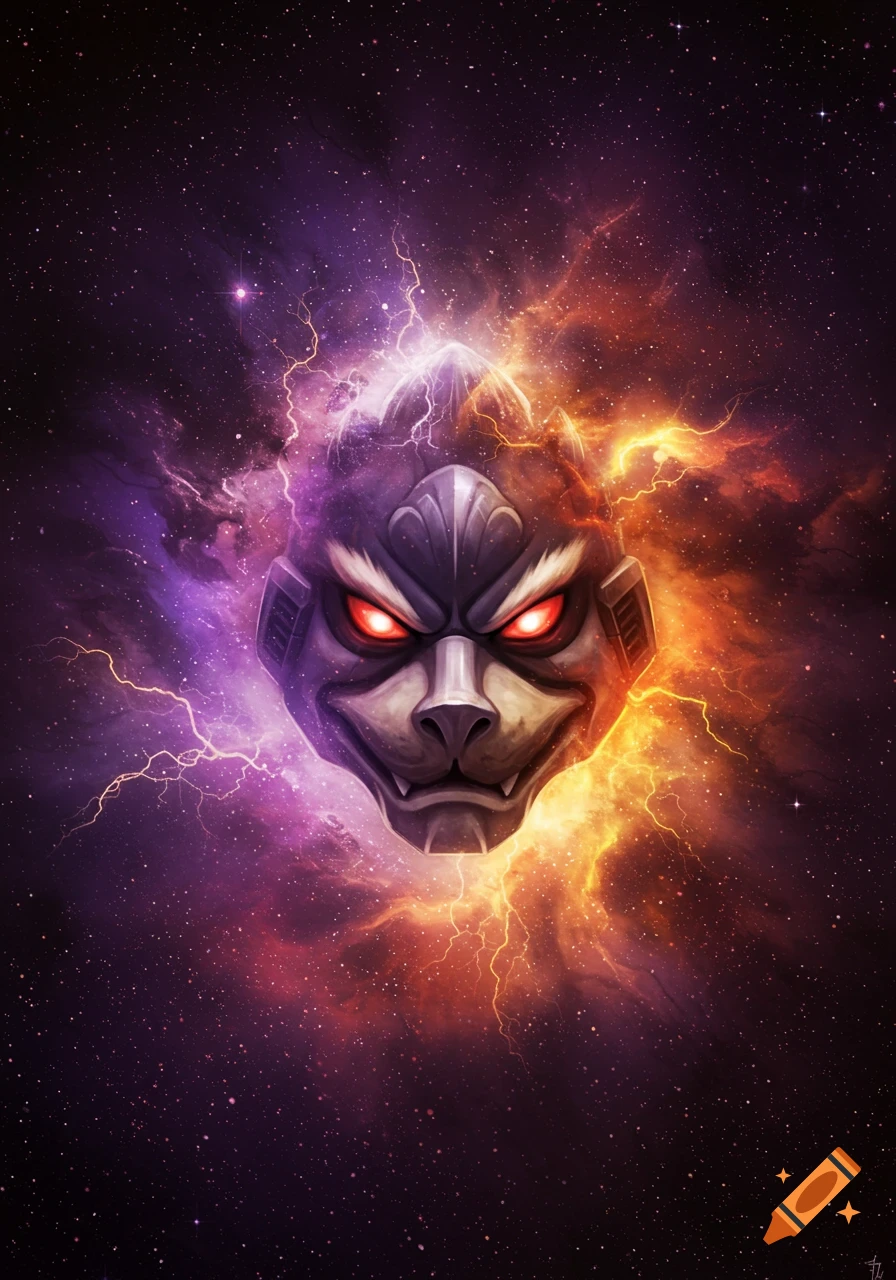 A stylized, menacing gray and purple monkey-like head with glowing red eyes, surrounded by purple and orange cosmic nebulae and lightning in space.