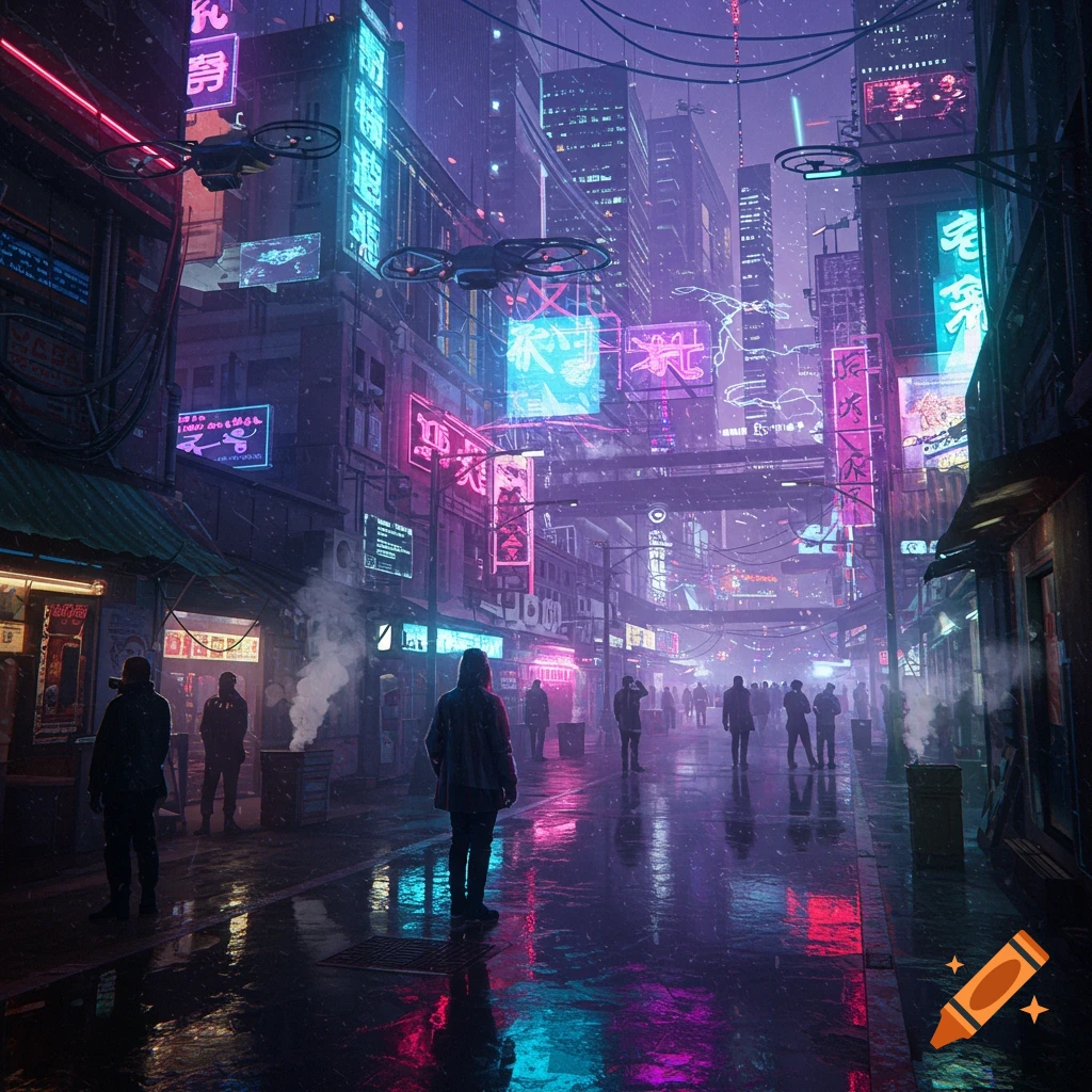 A rainy cyberpunk city street at night, illuminated by numerous neon signs. Dark silhouettes of people walk on the wet pavement, reflecting the vibrant pink and blue lights.